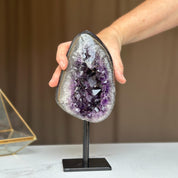 Natural Amethyst Crystal Geode, Purple Amethyst Crystal on Stand, Metallic Stand Included