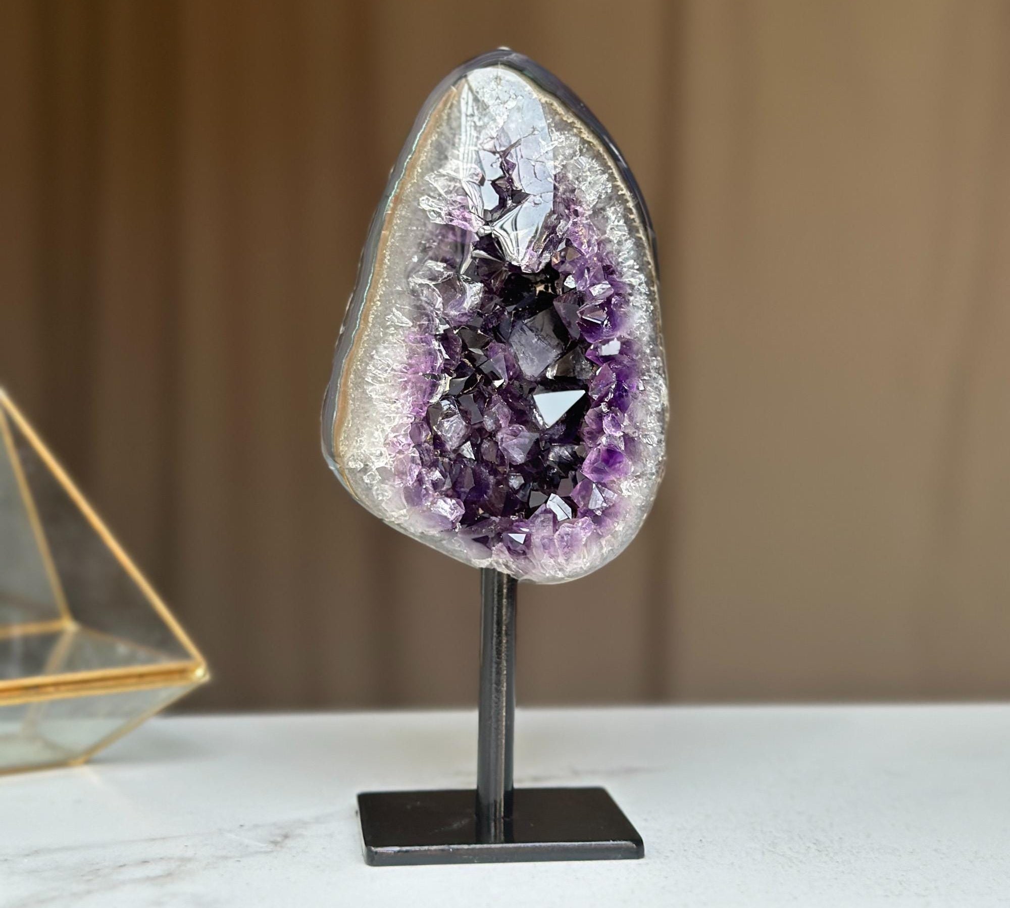 Natural Amethyst Crystal Geode, Purple Amethyst Crystal on Stand, Metallic Stand Included