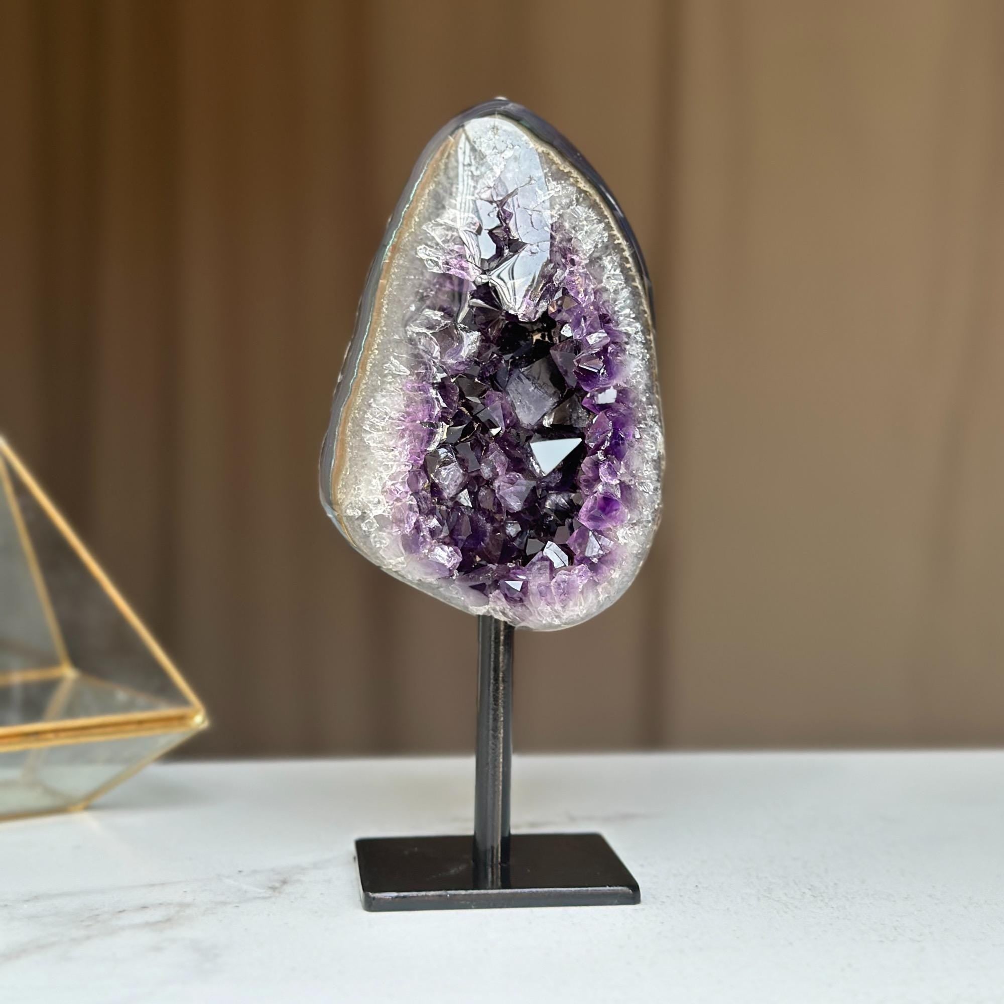 Natural Amethyst Crystal Geode, Purple Amethyst Crystal on Stand, Metallic Stand Included