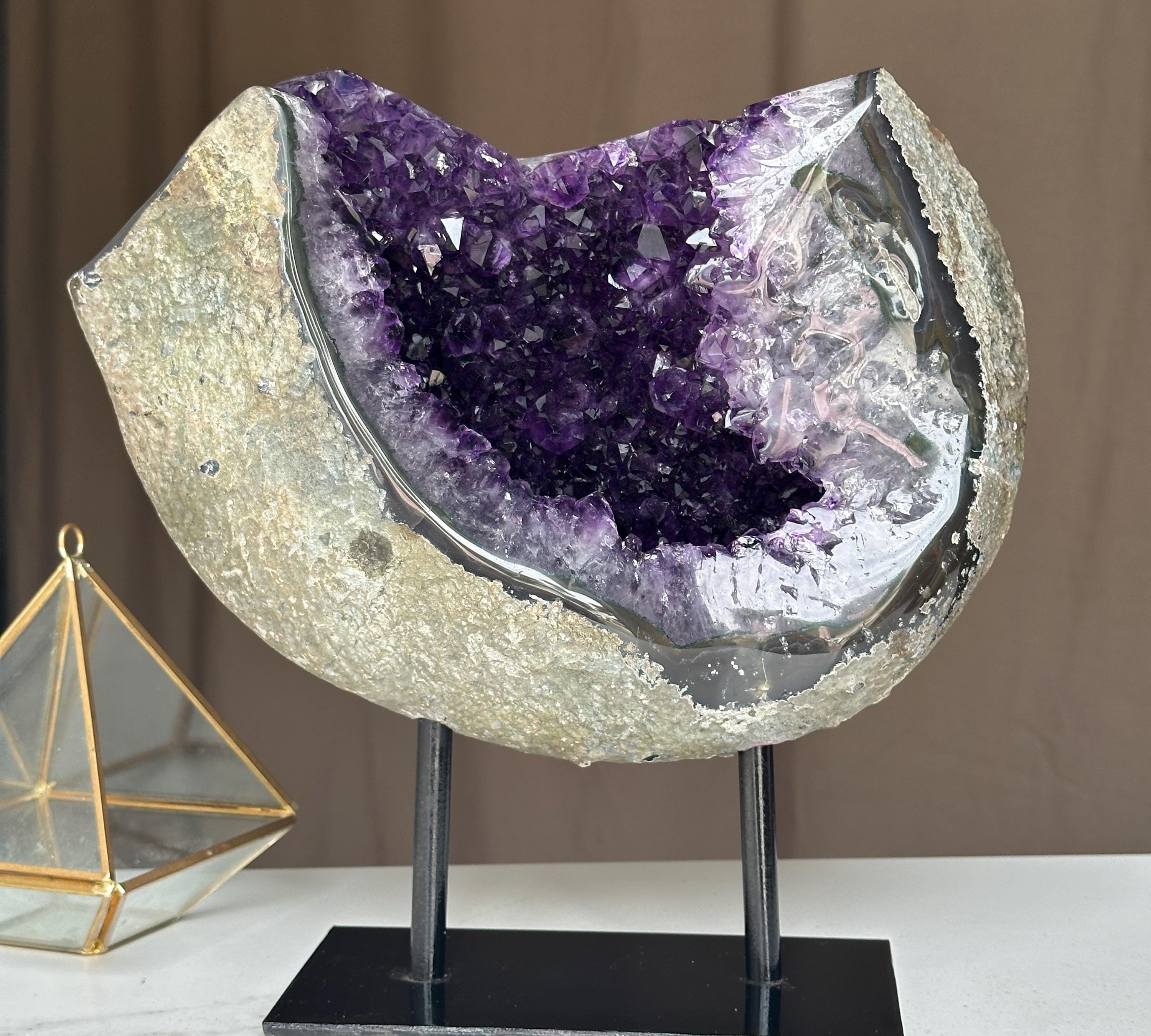 Stunning Natural Amethyst Geode with Metal Stand for Home Decor, XL Amethyst Cave