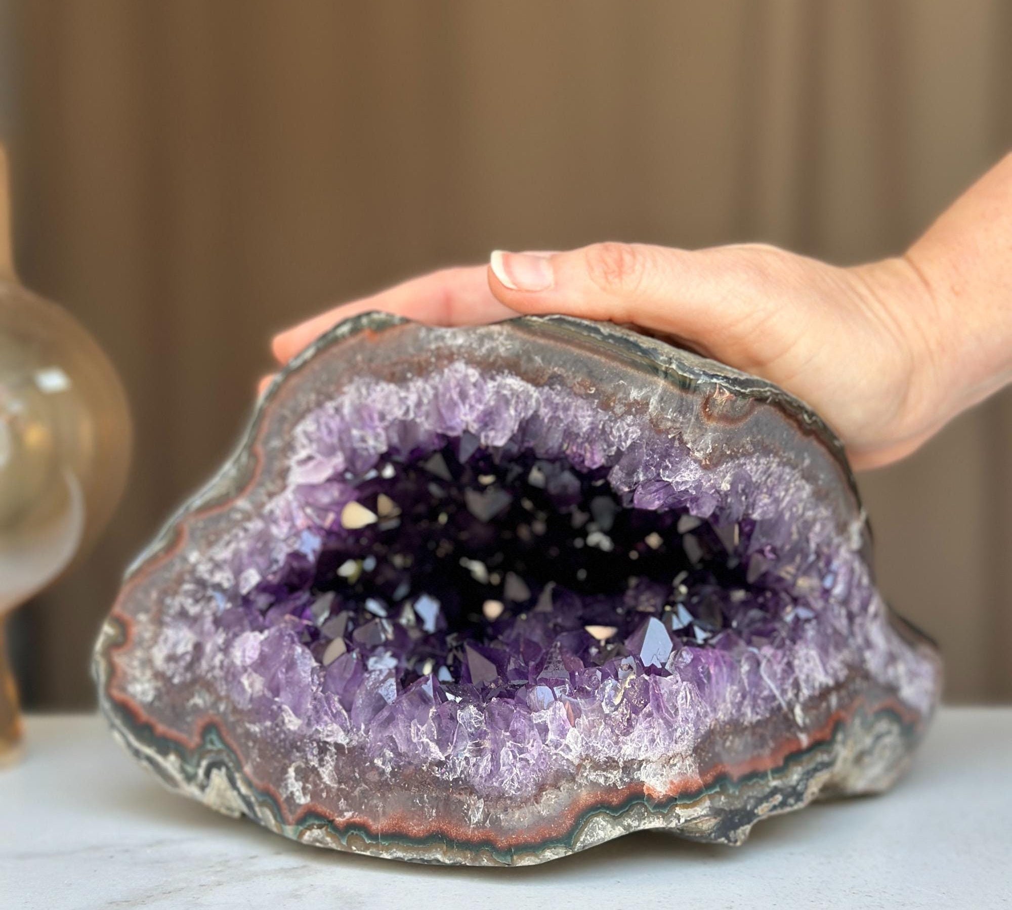 Amethyst Cave with Agate at edges, High quality geode 9 Lb weight, intense purple points, red jasper and green agate formations