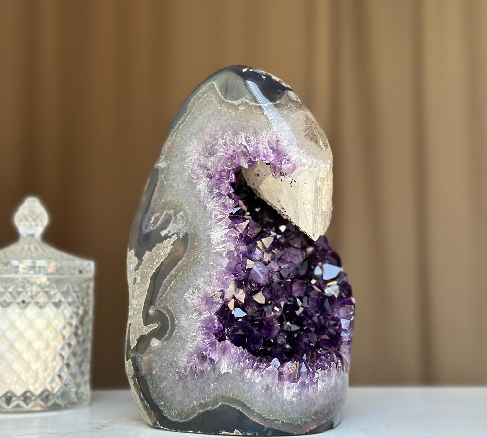 Amethyst Formation for collectors, Rare Crystal Geode with giant calcite, Outstanding quality amethyst 8 in tall