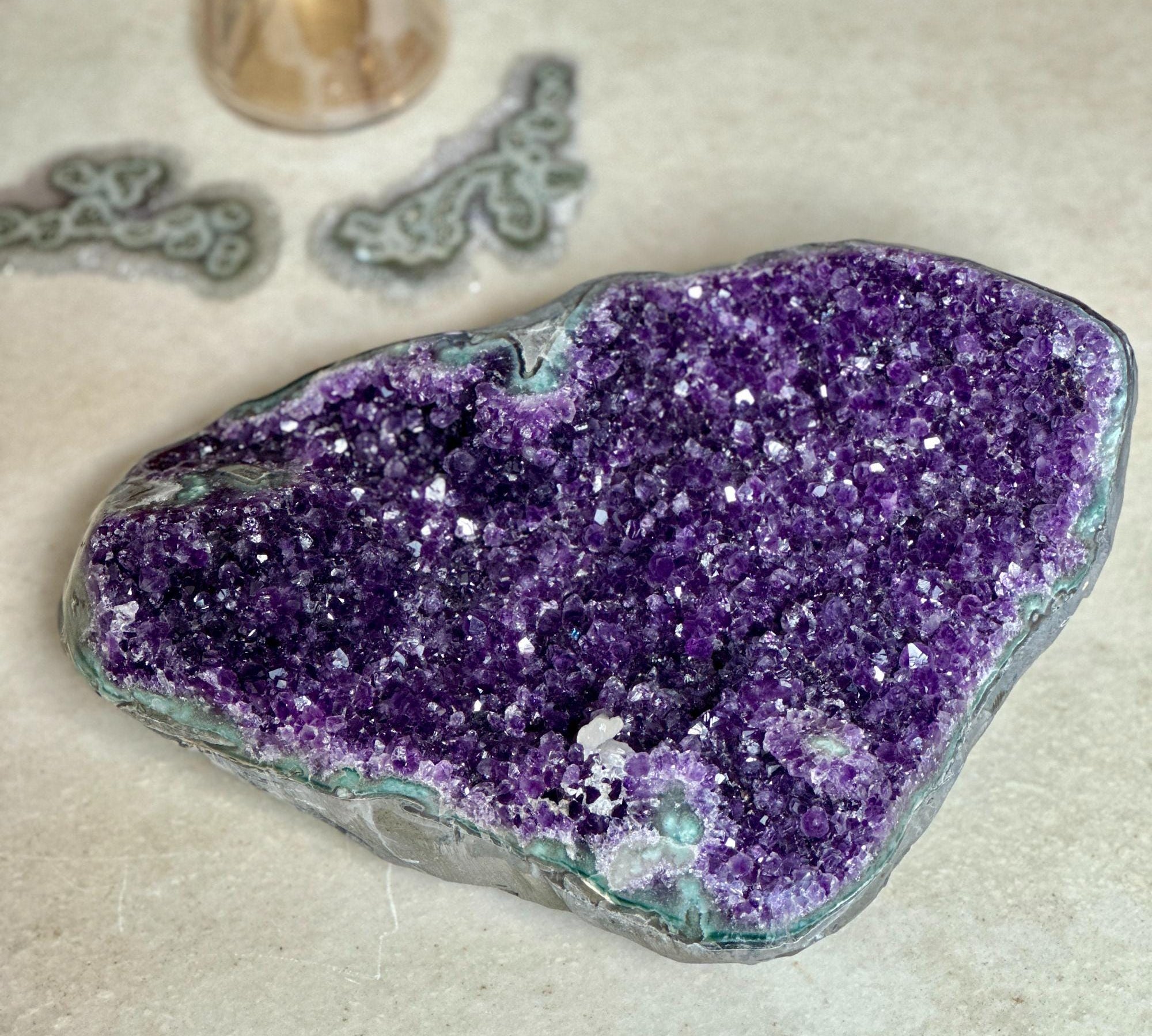 The largest Amethyst Geode Centerpiece, Extra Large decor piece, Outstanding Purple crystal with green agate details