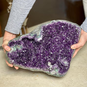 The largest Amethyst Geode Centerpiece, Extra Large decor piece, Outstanding Purple crystal with green agate details