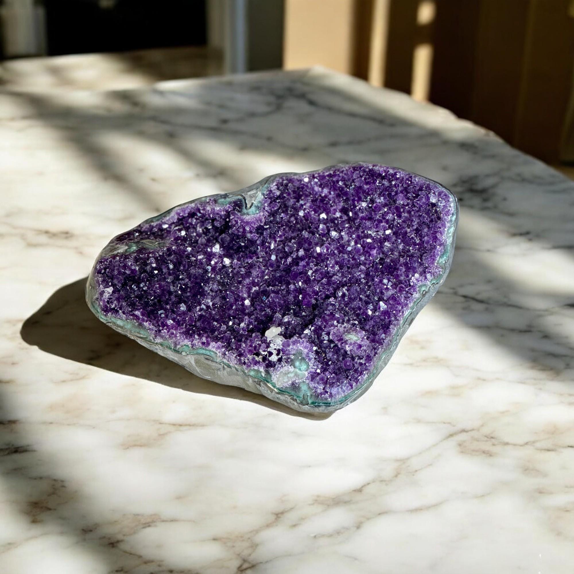 The largest Amethyst Geode Centerpiece, Extra Large decor piece, Outstanding Purple crystal with green agate details