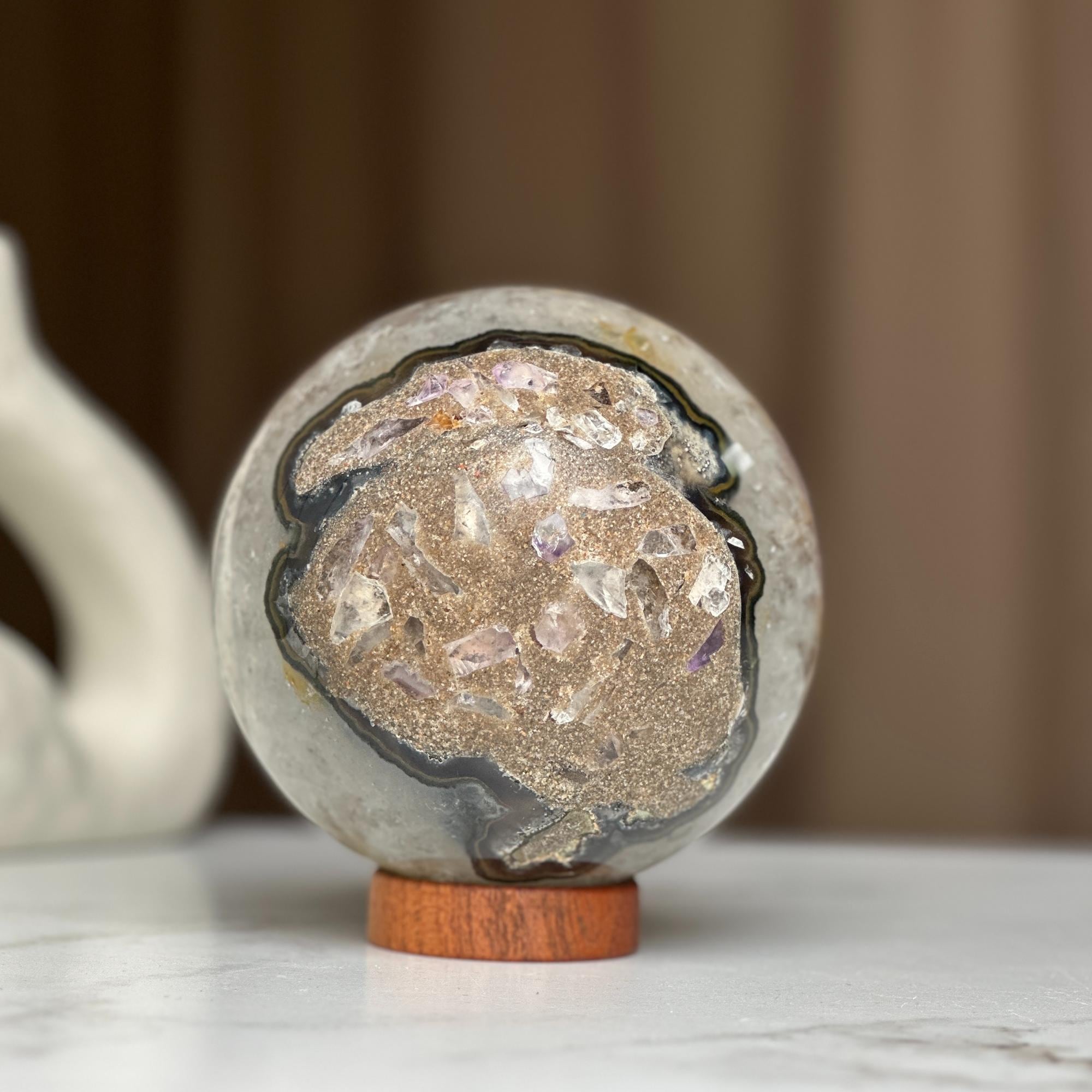 Extra large amethyst sphere, Amethyst and agate Geode Sphere, 4.7 Lb Crystal Ball, Open Sphere