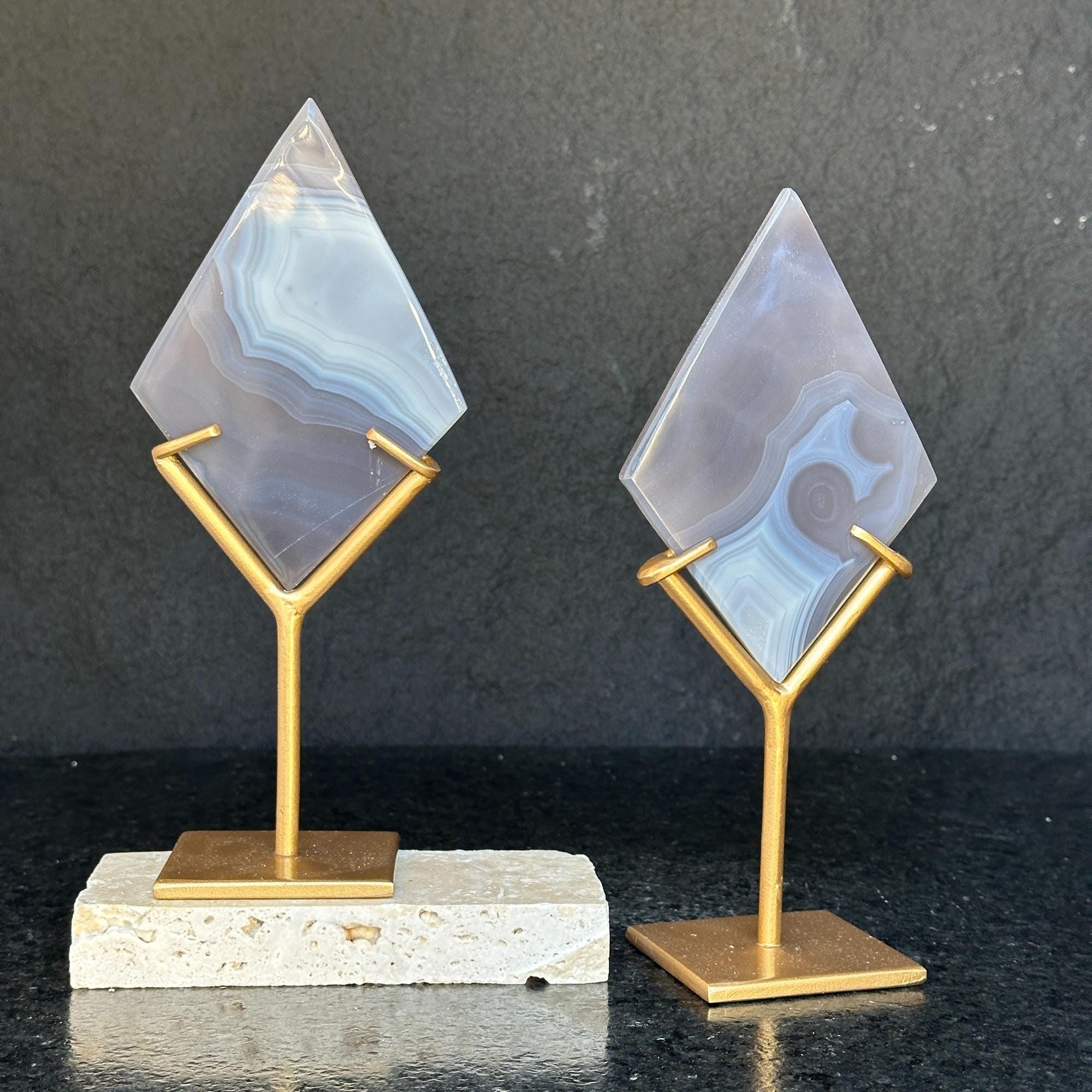 Agate Ornament Slice on Stand , 2 Pieces SET, 8 in Tall Crystal with metallic base, Unique home decoration, rare finds mineral formations