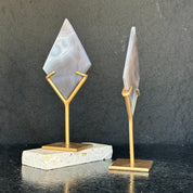Agate Ornament Slice on Stand , 2 Pieces SET, 8 in Tall Crystal with metallic base, Unique home decoration, rare finds mineral formations