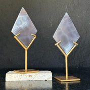 Agate Ornament Slice on Stand , 2 Pieces SET, 8 in Tall Crystal with metallic base, Unique home decoration, rare finds mineral formations