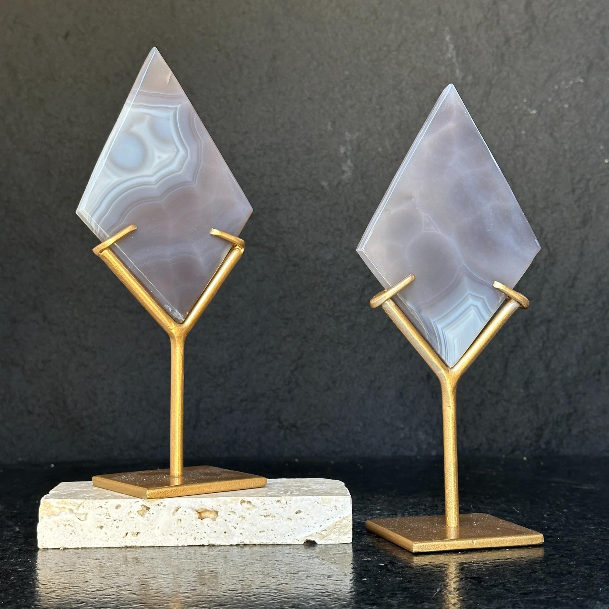 Agate Ornament Slice on Stand , 2 Pieces SET, 8 in Tall Crystal with metallic base, Unique home decoration, rare finds mineral formations