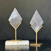 Agate Ornament Slice on Stand , 2 Pieces SET, 8 in Tall Crystal with metallic base, Unique home decoration, rare finds mineral formations