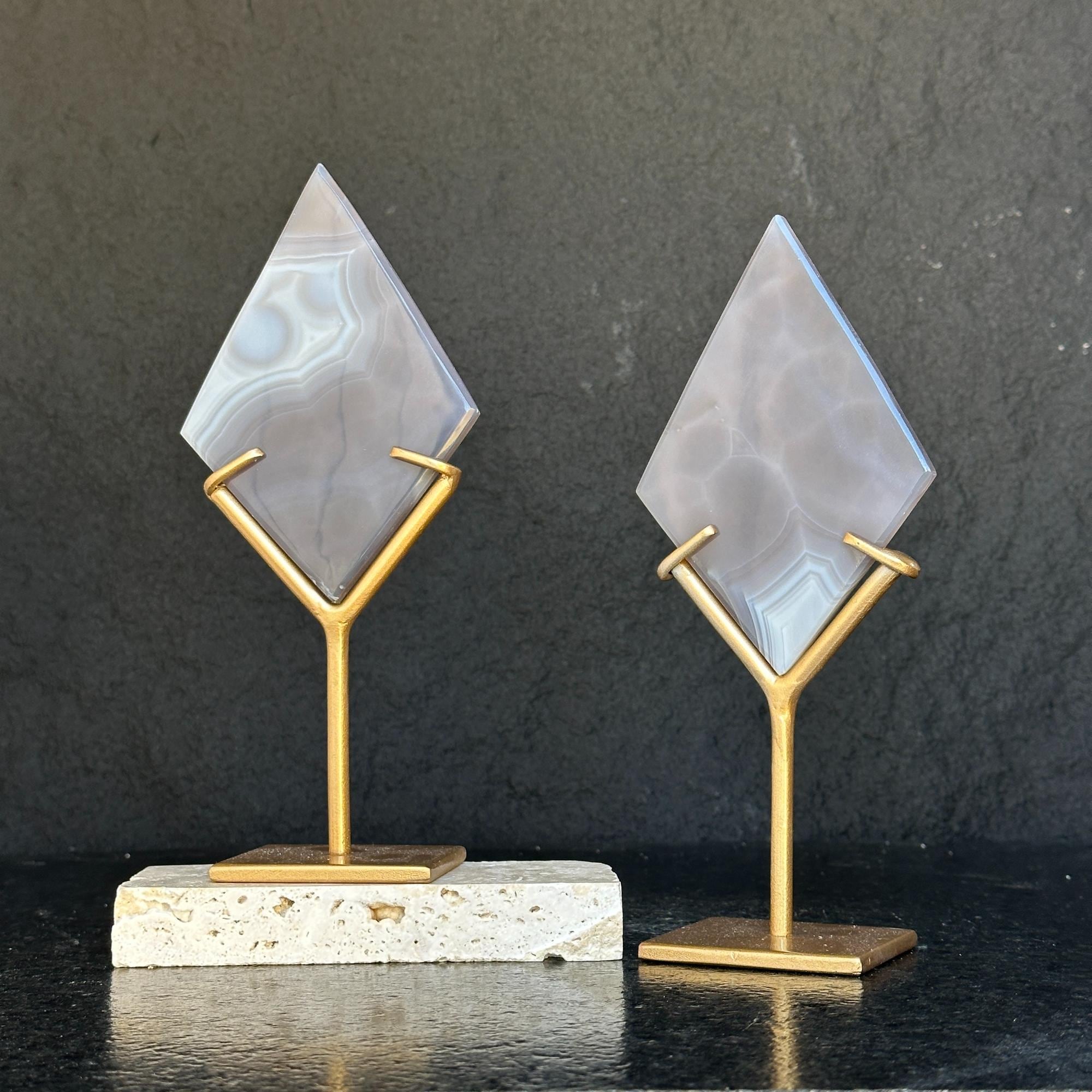 Agate Ornament Slice on Stand , 2 Pieces SET, 8 in Tall Crystal with metallic base, Unique home decoration, rare finds mineral formations