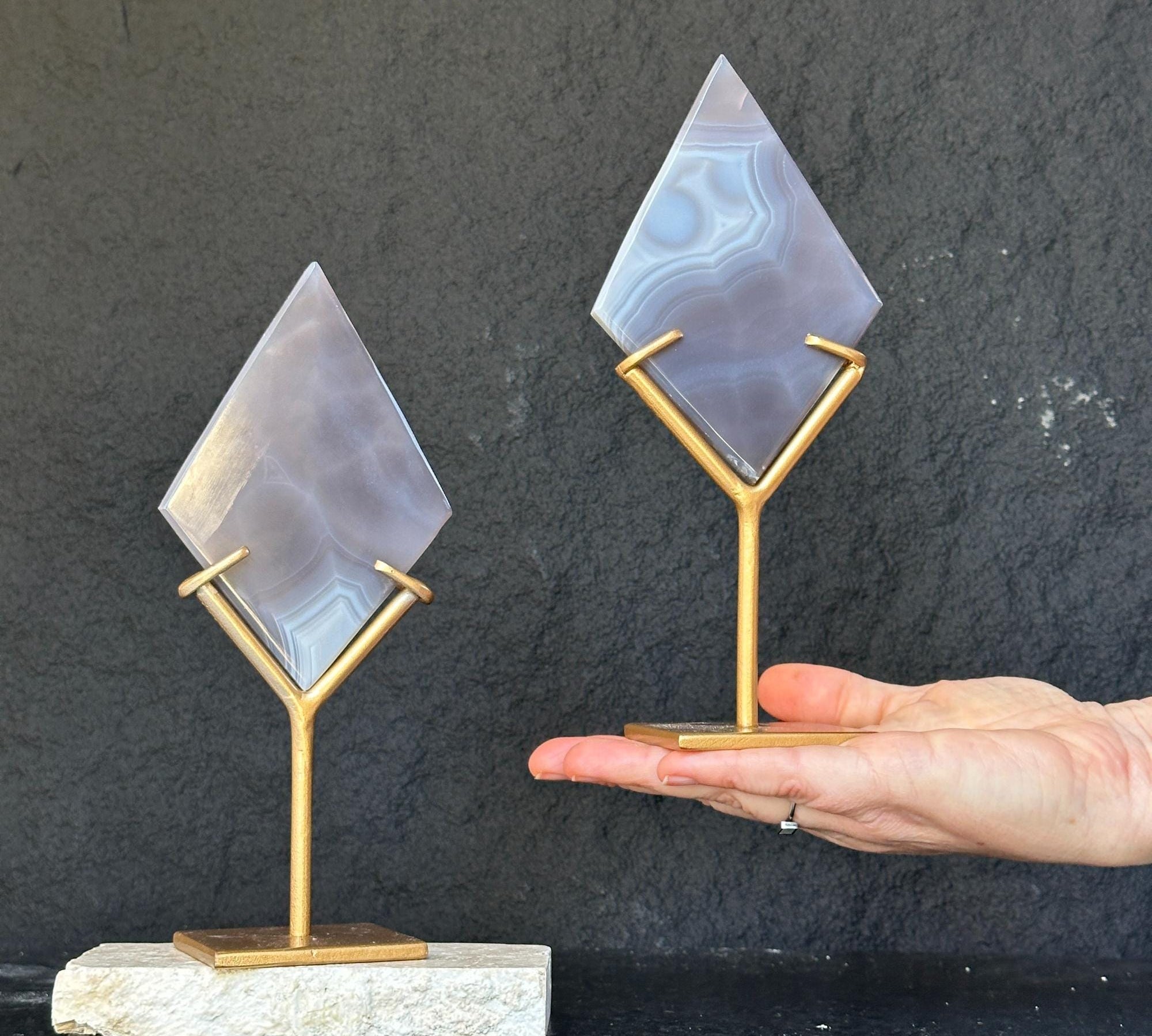 Agate Ornament Slice on Stand , 2 Pieces SET, 8 in Tall Crystal with metallic base, Unique home decoration, rare finds mineral formations
