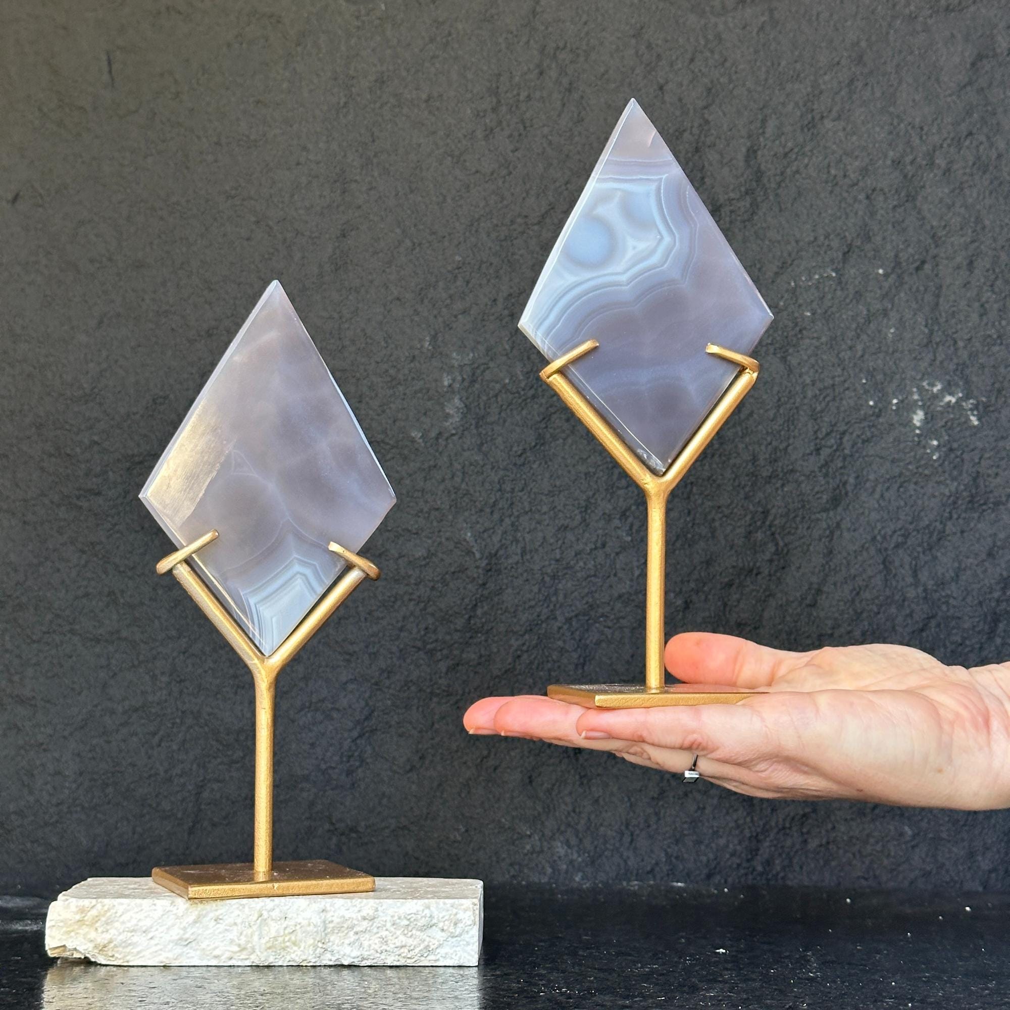 Agate Ornament Slice on Stand , 2 Pieces SET, 8 in Tall Crystal with metallic base, Unique home decoration, rare finds mineral formations