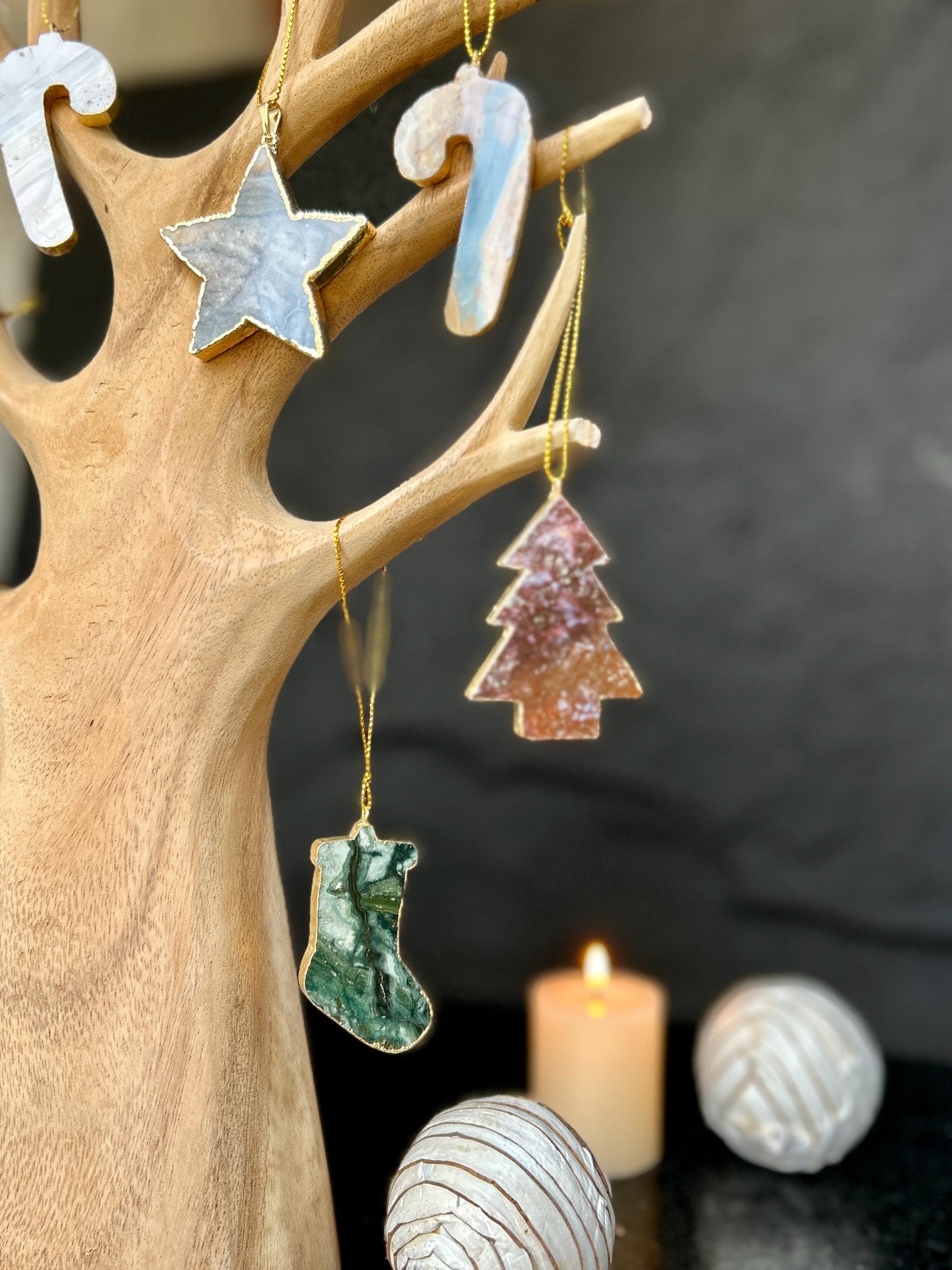 Christmas Ornaments for the Tree, SET 4 units Handmade Agate and Jasper Stars Pine Stocking and Candy Shape