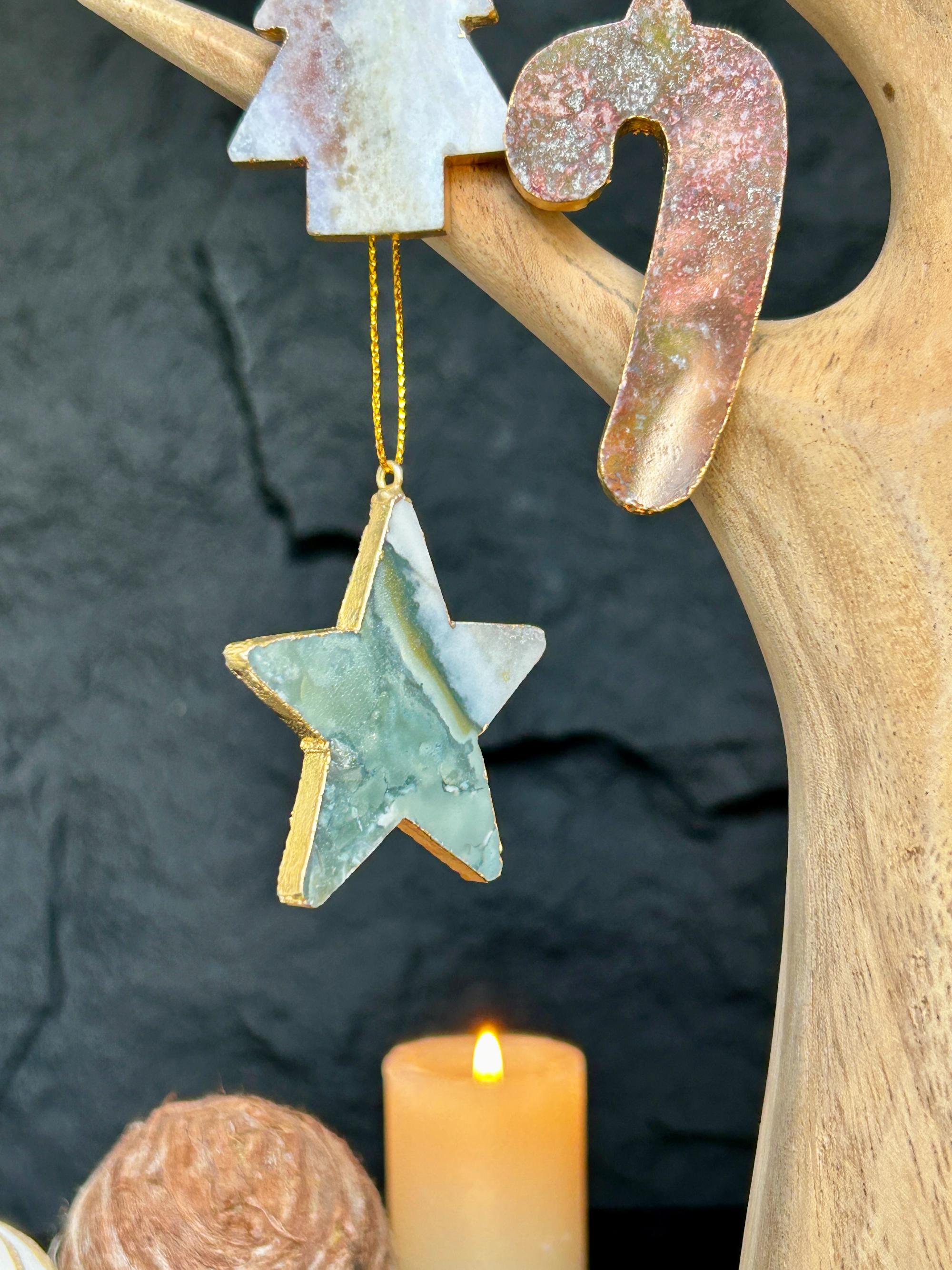 Christmas Ornaments for the Tree, SET 4 units Handmade Agate and Jasper Stars Pine Stocking and Candy Shape