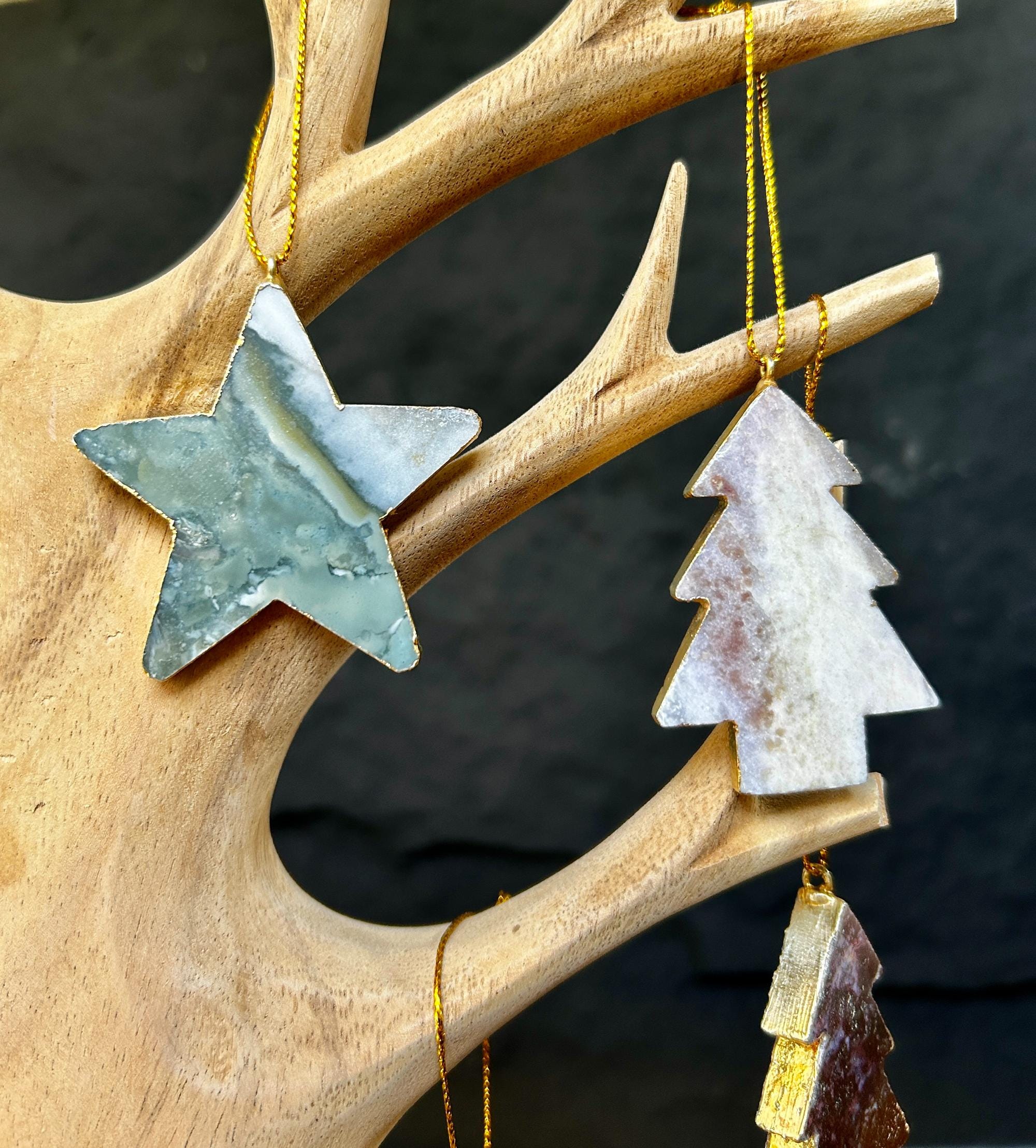 Christmas Ornaments for the Tree, SET 4 units Handmade Agate and Jasper Stars Pine Stocking and Candy Shape