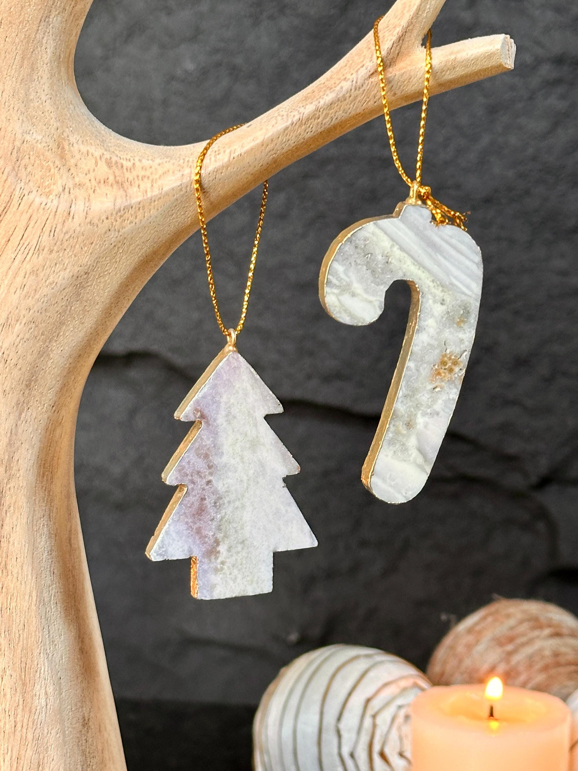 Christmas Ornaments for the Tree, SET 4 units Handmade Agate and Jasper Stars Pine Stocking and Candy Shape