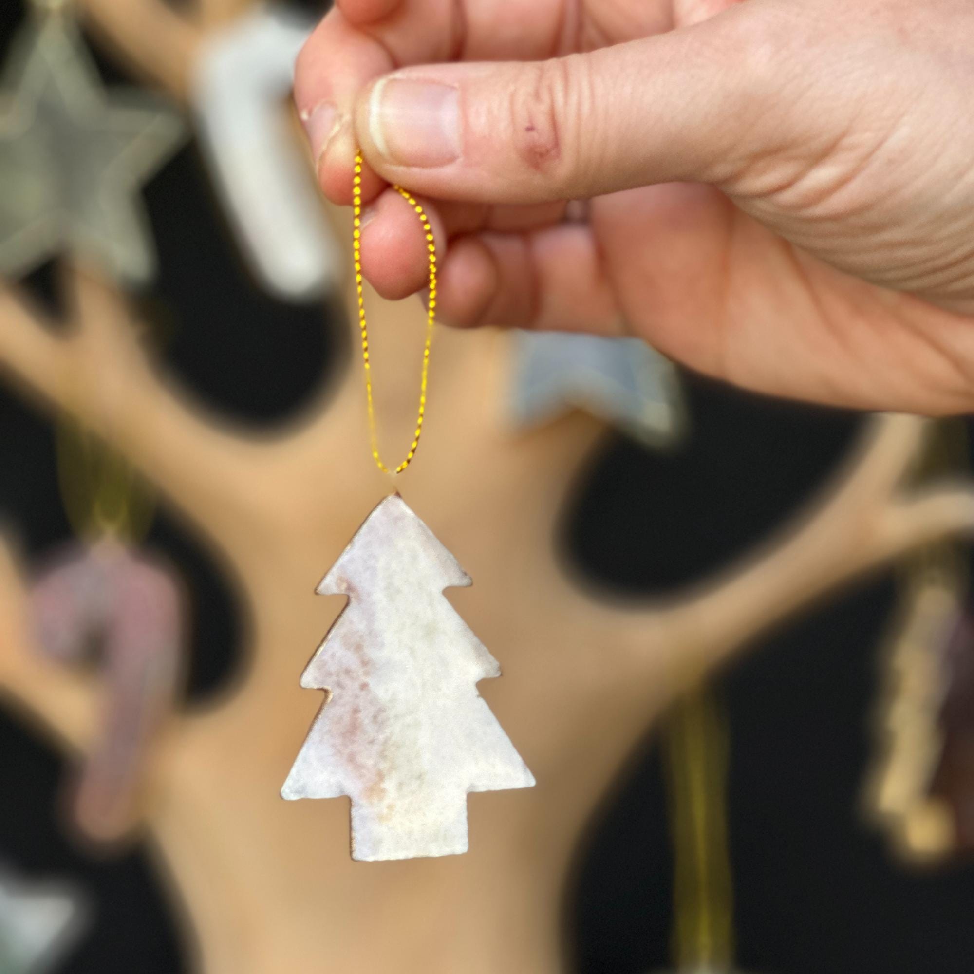 Christmas Ornaments for the Tree, SET 4 units Handmade Agate and Jasper Stars Pine Stocking and Candy Shape