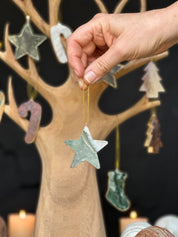 Christmas Ornaments for the Tree, SET 4 units Handmade Agate and Jasper Stars Pine Stocking and Candy Shape