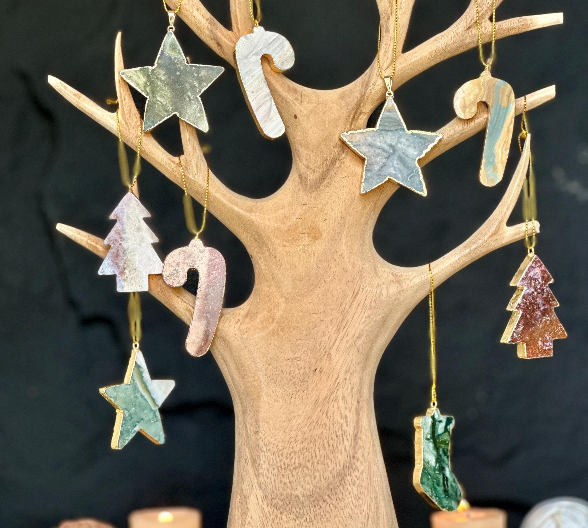 Christmas Ornaments for the Tree, SET 4 units Handmade Agate and Jasper Stars Pine Stocking and Candy Shape