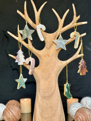 Christmas Ornaments for the Tree, SET 4 units Handmade Agate and Jasper Stars Pine Stocking and Candy Shape
