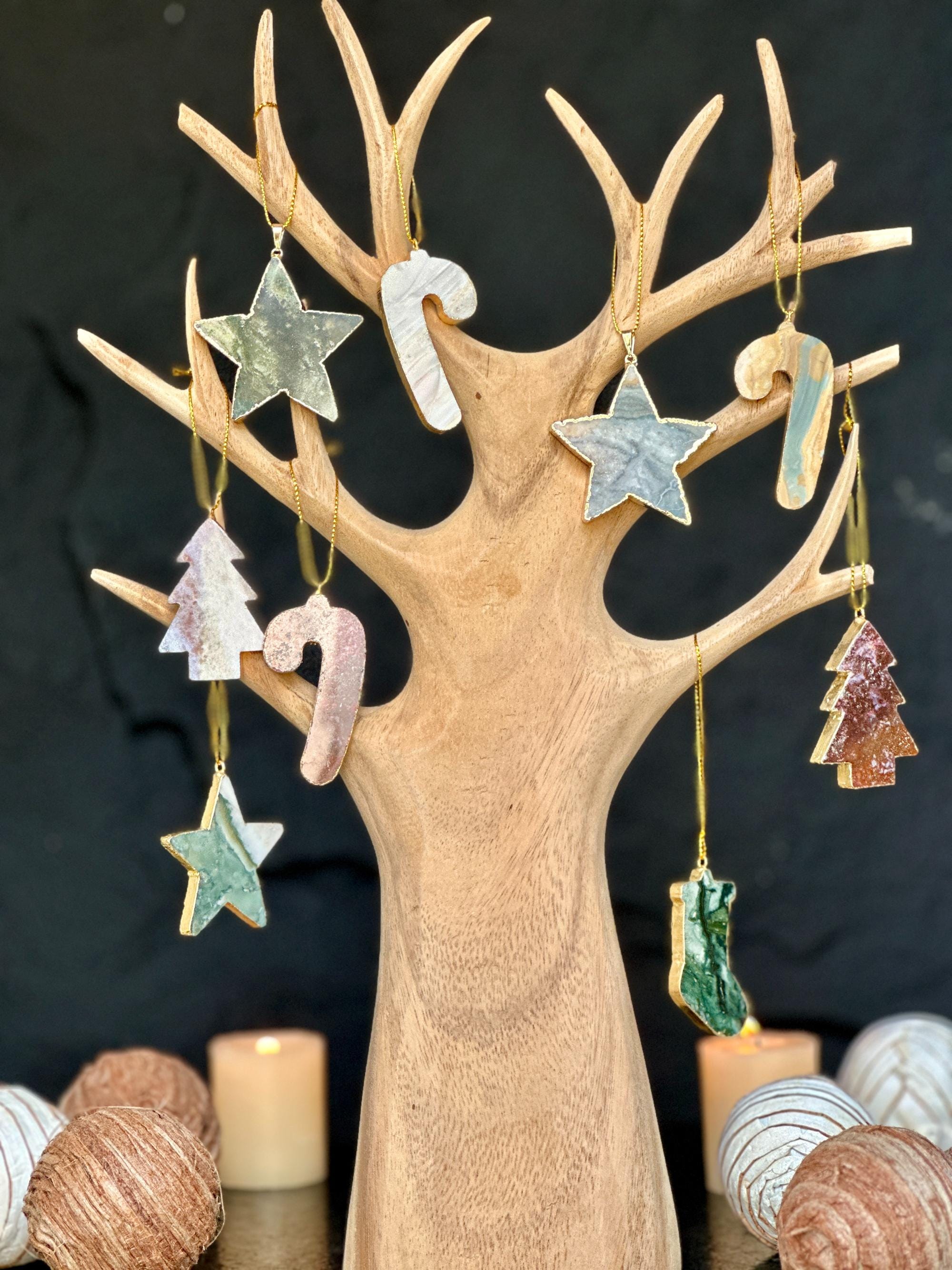 Christmas Ornaments for the Tree, SET 4 units Handmade Agate and Jasper Stars Pine Stocking and Candy Shape