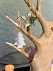 Christmas Ornaments for the Tree, SET 4 units Handmade Agate and Jasper Stars Pine Stocking and Candy Shape