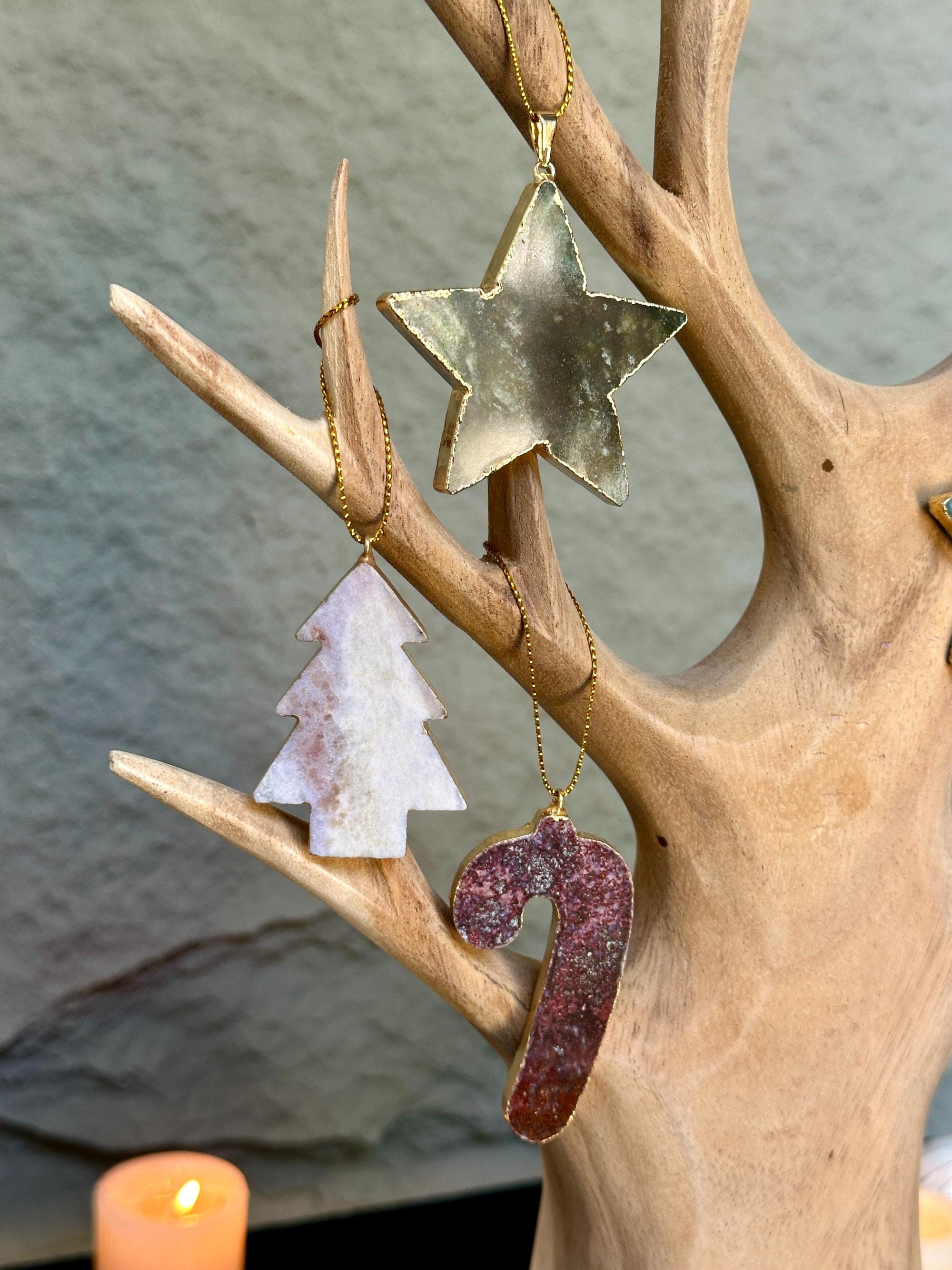 Christmas Ornaments for the Tree, SET 4 units Handmade Agate and Jasper Stars Pine Stocking and Candy Shape