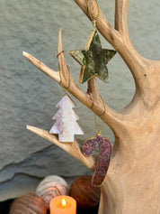Christmas Ornaments for the Tree, SET 4 units Handmade Agate and Jasper Stars Pine Stocking and Candy Shape