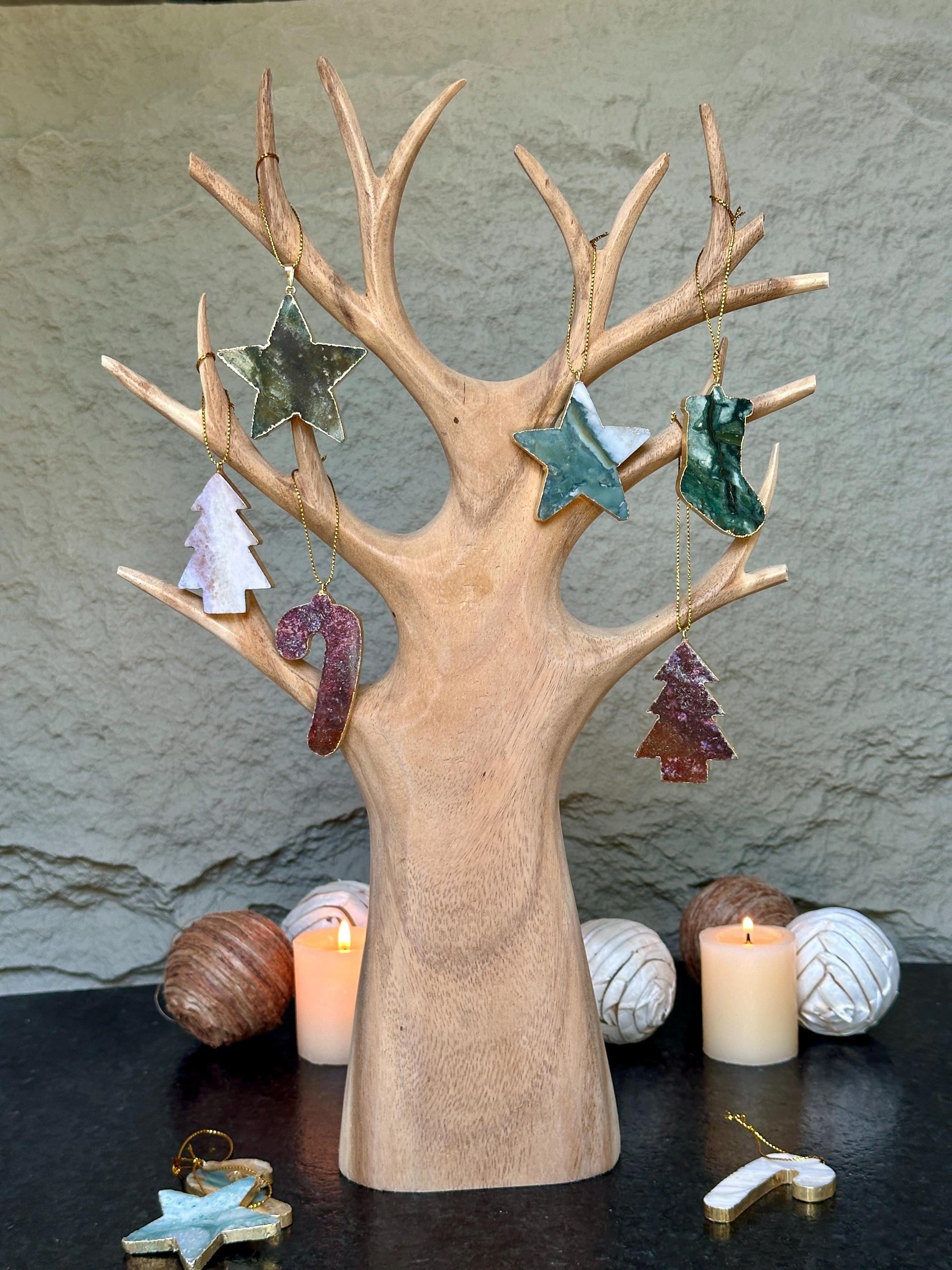 Christmas Ornaments for the Tree, SET 4 units Handmade Agate and Jasper Stars Pine Stocking and Candy Shape