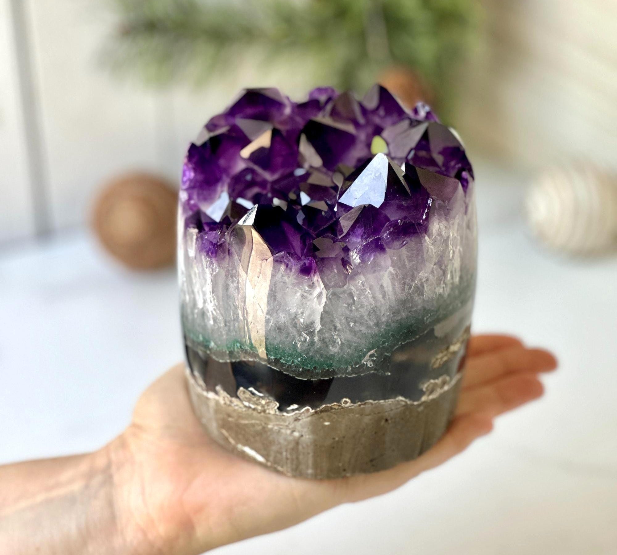 Large Amethyst and Agate Crystal Cylinder – Stunning Polished Quartz Decor Piece, Natural Purple Stone