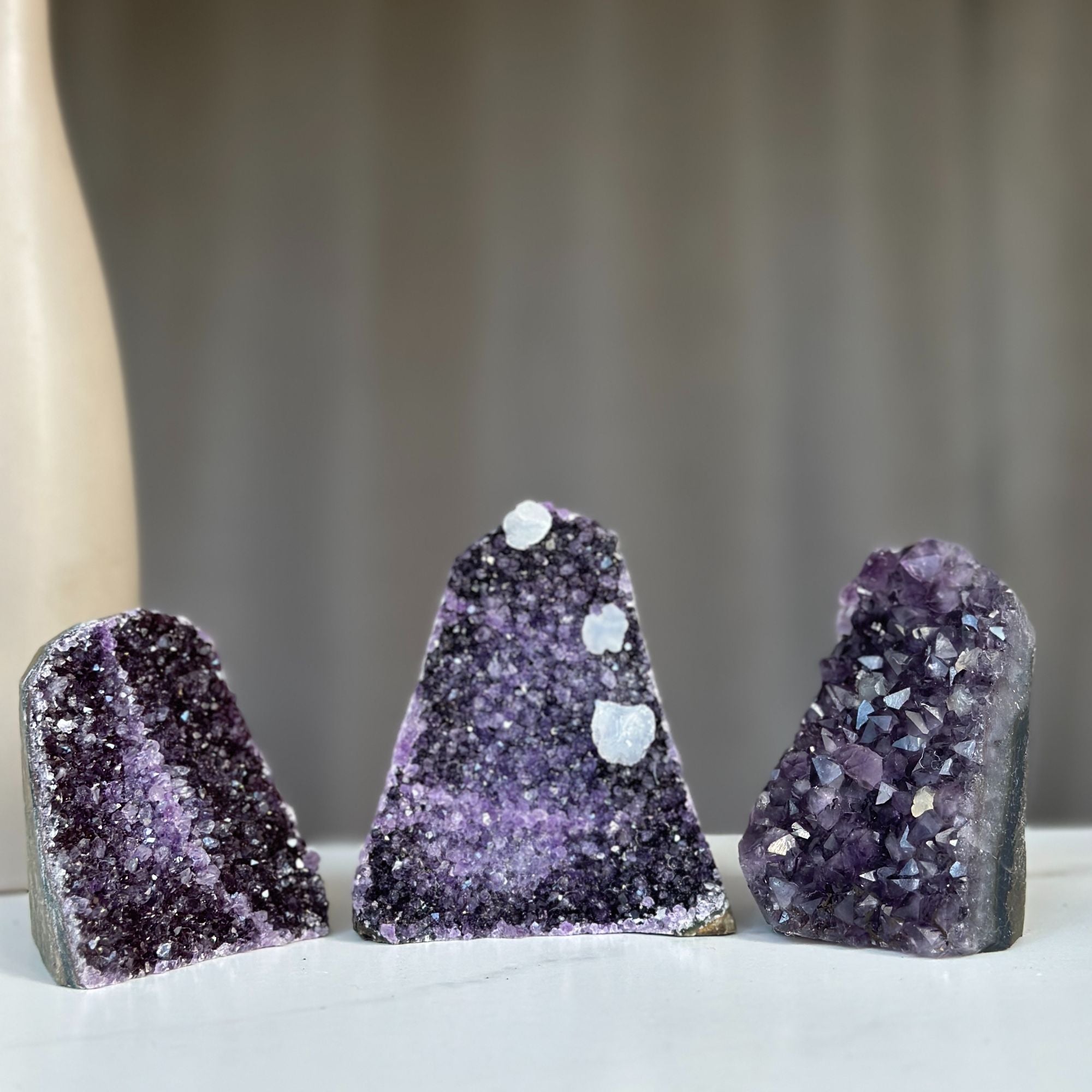 Amethyst geodes set on sale, Druzes Crystals with Cut Base, 3 pieces 3 Lbs