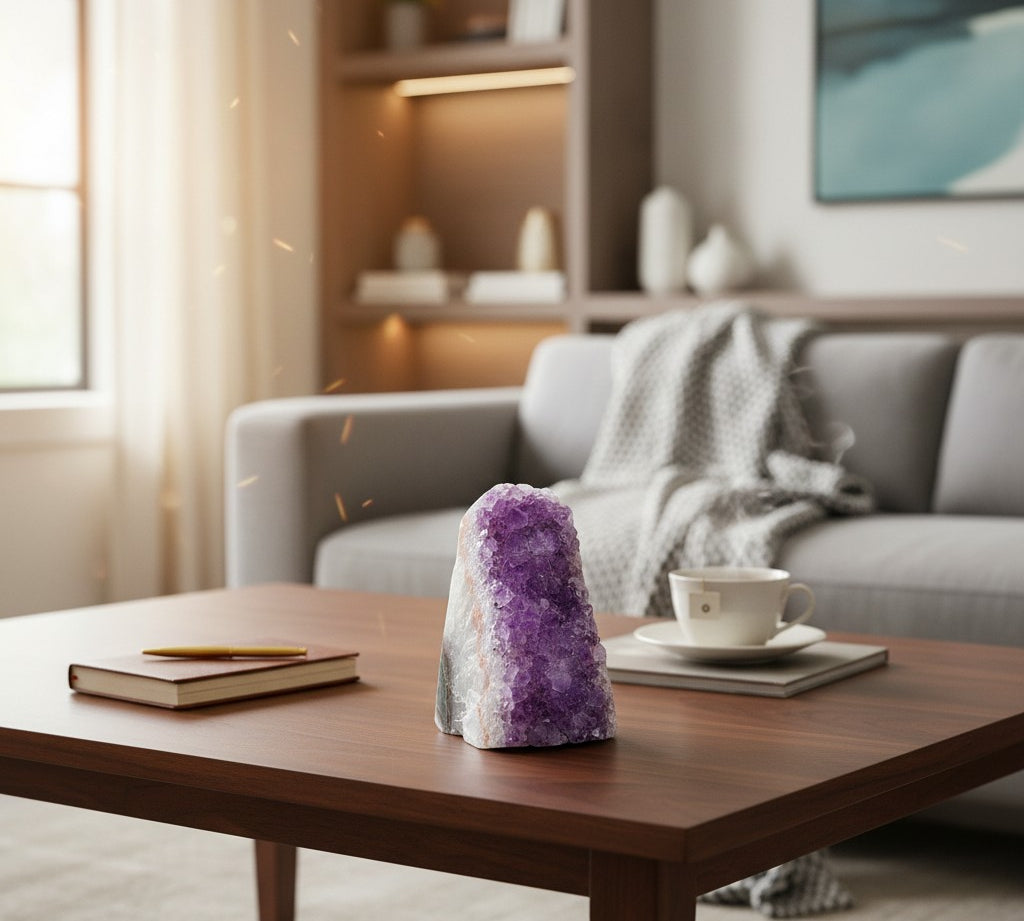 A purple amethyst crystal cluster sits on a dark wood coffee table in a modern living room setting, with a gray sofa, a cup of coffee, and a notebook in the background.