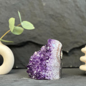 A natural amethyst crystal cluster geode specimen with deep purple crystals and a gray-brown matrix, displayed on a dark slate surface with decorative props.