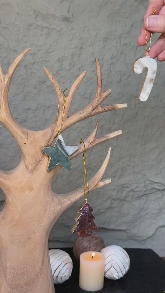 Christmas Ornaments for the Tree, SET 4 units Handmade Agate and Jasper Stars Pine Stocking and Candy Shape