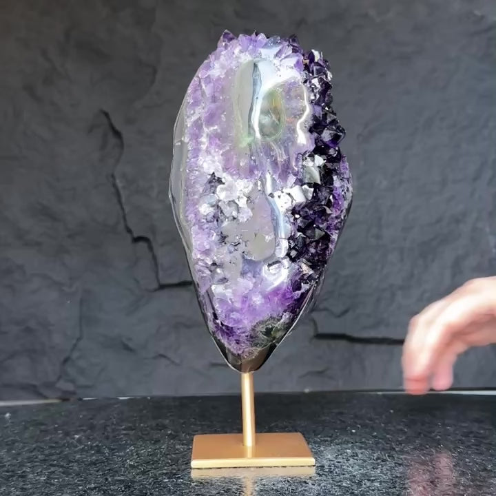 Deep Purple Natural Amethyst Geode with Gold Metal Display Stand