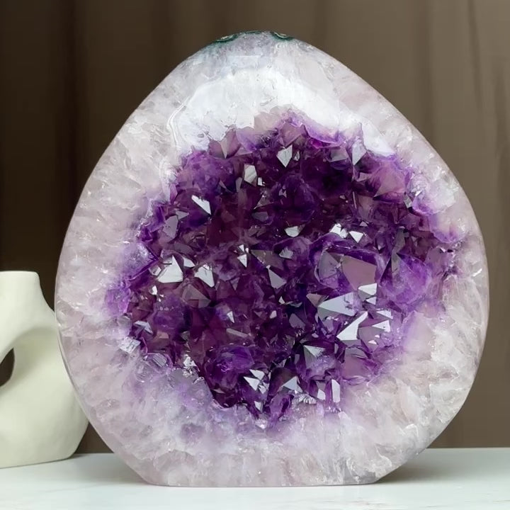 Amazing Amethyst Quartz Crystal Egg Cave, 12 in tall Extra Large Amethyst Cave, Oval Shaped Stone Polished at edges