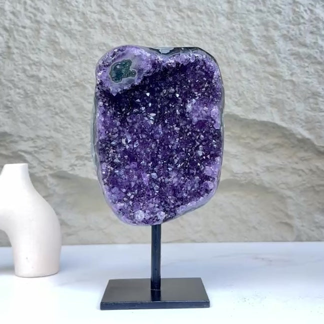 Large Deep Purple Amethyst Geode Crystal on Modern Stand