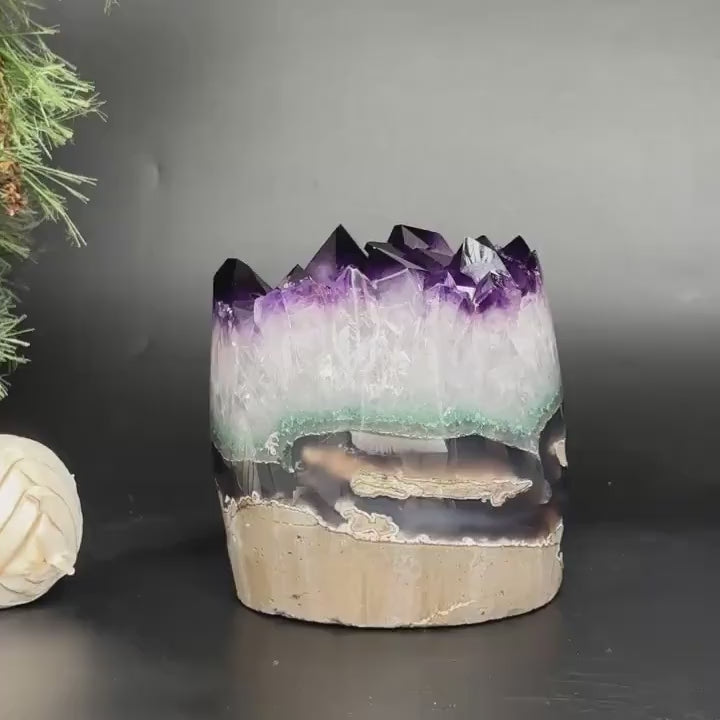 Large Amethyst and Agate Crystal Cylinder – Stunning Polished Quartz Decor Piece, Natural Purple Stone