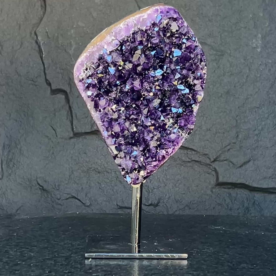 Natural Amethyst Crystal Geode, Purple Amethyst Crystal on Stand, Metallic Stand Included