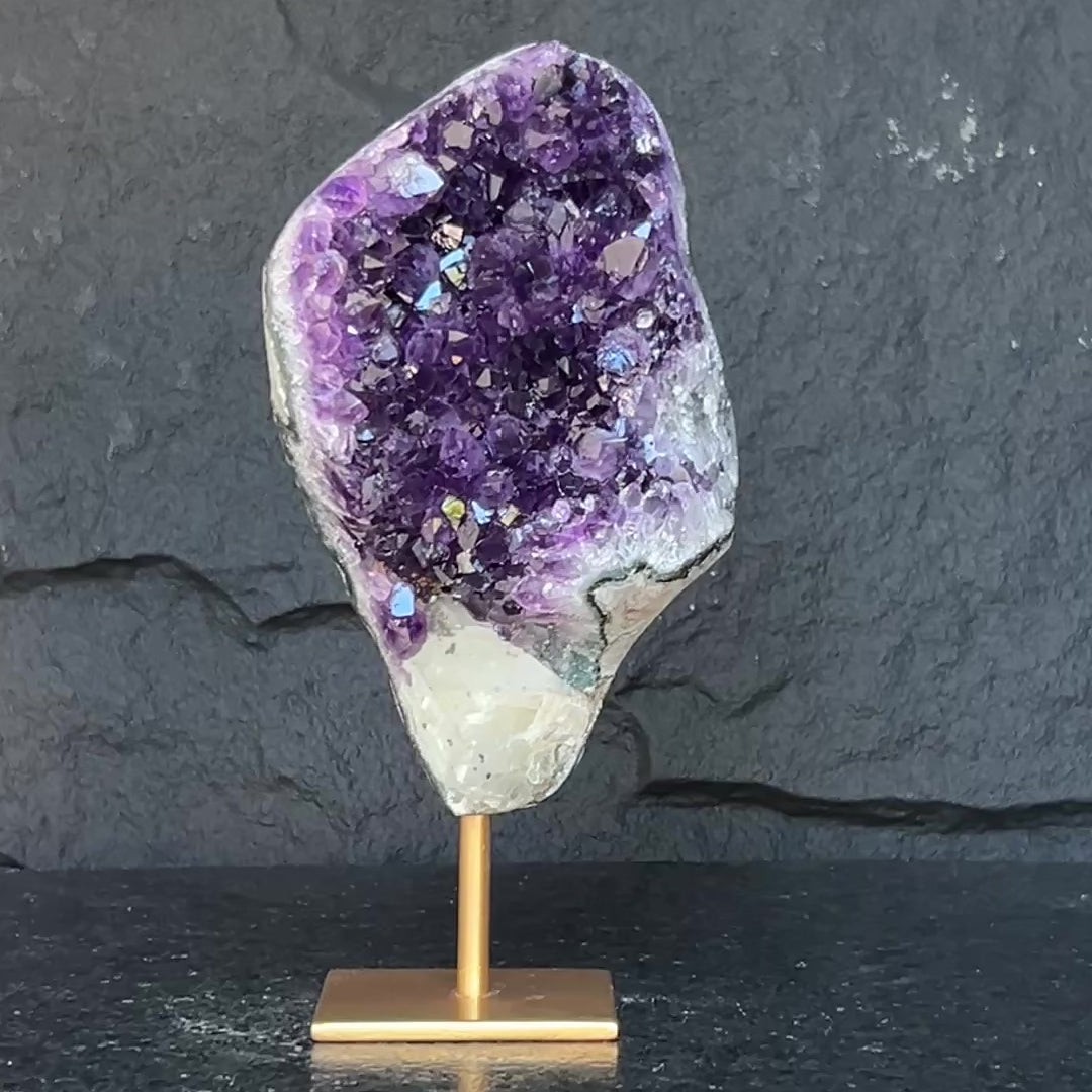 Amethyst Geode Cave with metallic base, Large Cave shaped, 9 inches tall piece for collectors, Full polished, Stunning decor Crystal