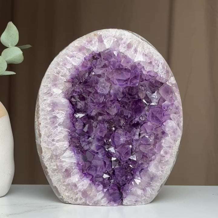 Amethyst Geode Crystal Egg with incredible Agate formations, Natural cave shaped polished agate stone