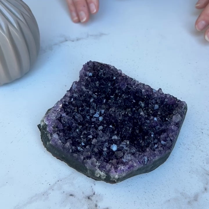 Flat amethyst raw purple crystal cluster