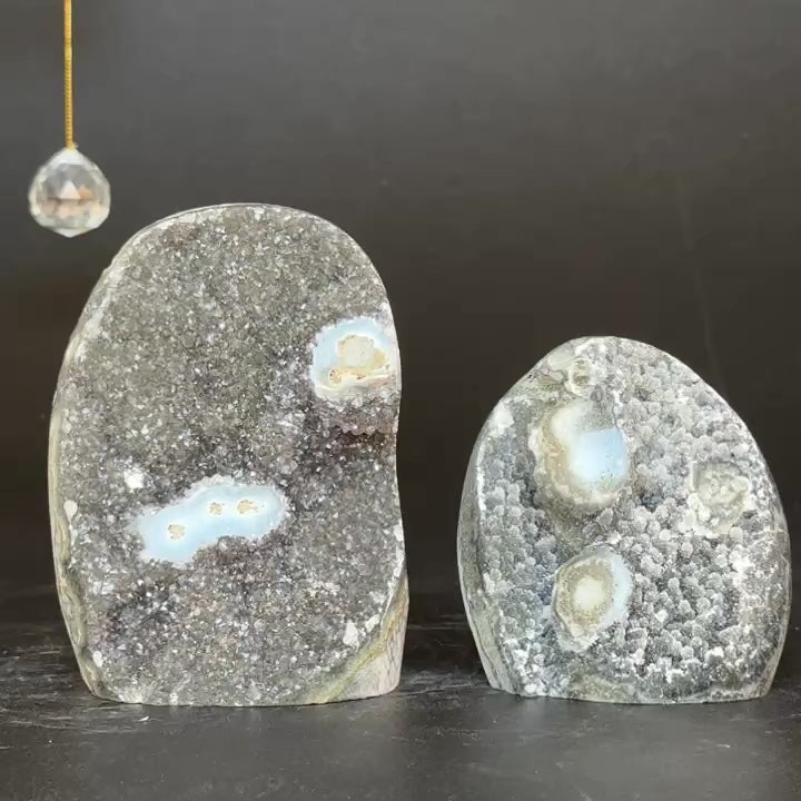 Sugar amethyst set, Rainbow amethysts, galaxy cut base amethyst, stalactite eye crystals, set of 2