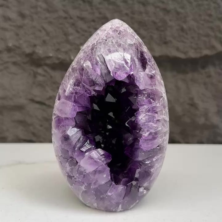 Amethyst Geode Crystal Egg with incredible Agate formations, Natural cave shaped polished agate stone