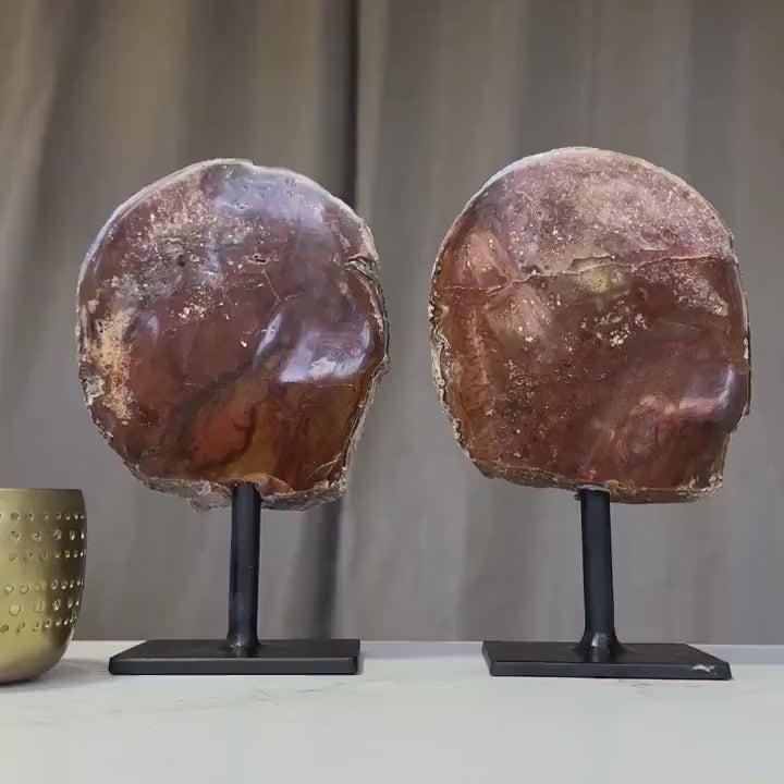 Red Jasper Slice on Stand SET, 7 in Tall Crystals in metallic base, Unique home decoration, rare finds mineral formations