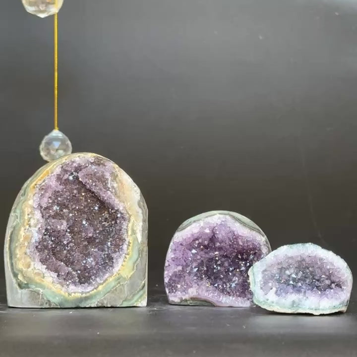 3 pieces lot Amethyst Crystals, Small Amethysts SET, polished crystals with agate layers at edges