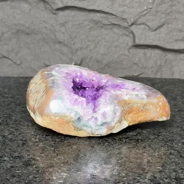 Amethsyt centerpiece, Unique shaped geode for tabletop decor, natural crystal stone with agate formations