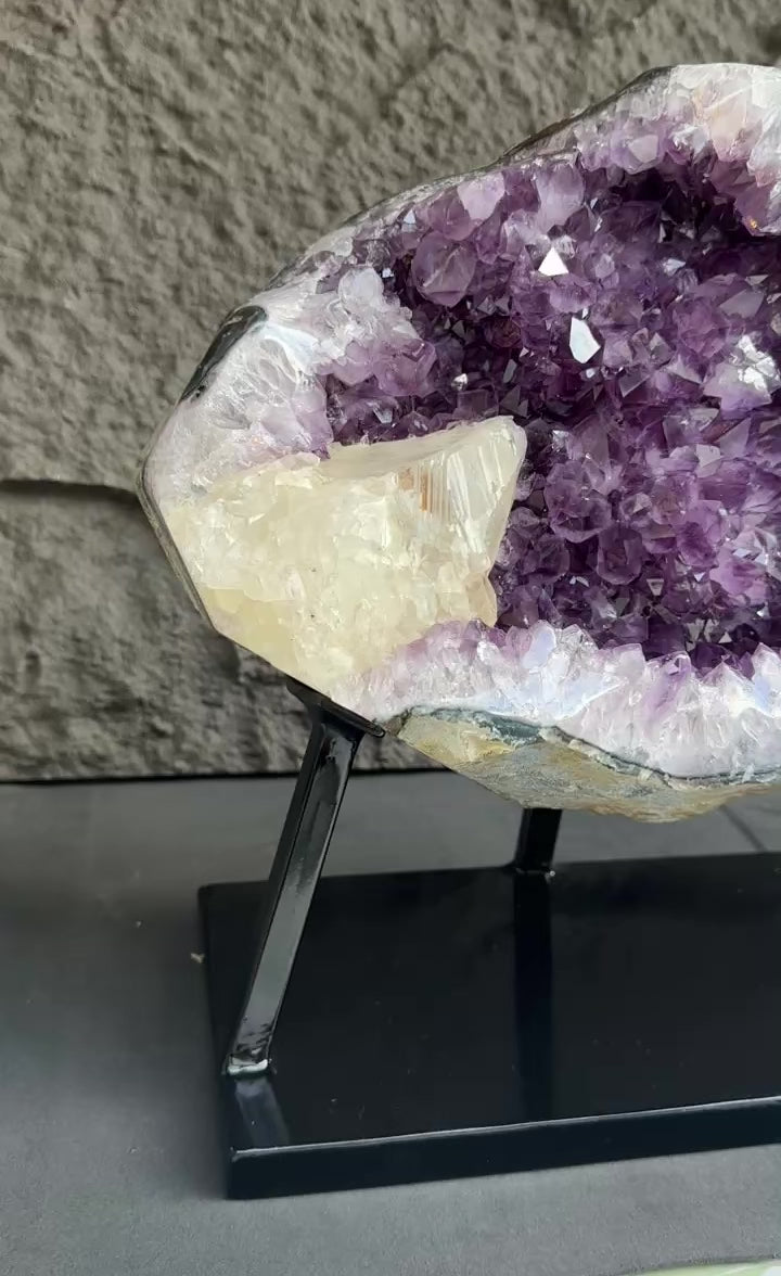 Amethyst Formation for Collectors, Rare Crystal Geode with Calcite, Outstanding Quality Amethyst